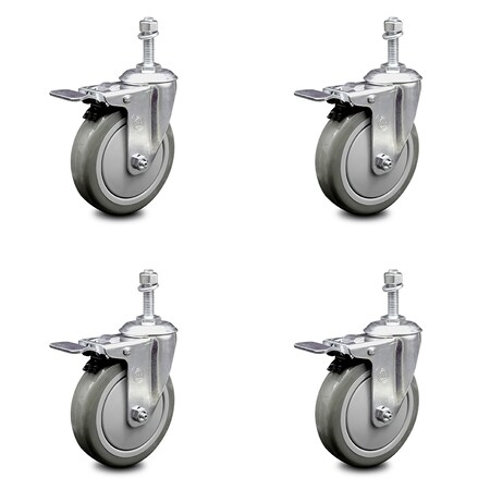 Service Caster 5 Inch Gray Polyurethane Swivel 10mm Stem Caster Set with Total Lock Brake SCC-TSTTL20S514-PPUB-M1015-4